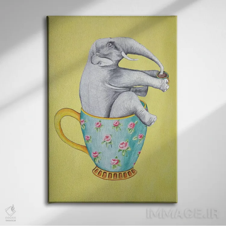 تابلو دکوراتیو فیل داخل فنجان، زرد اثر کوکو د پاریس - نمای روبهرو روی دیوار