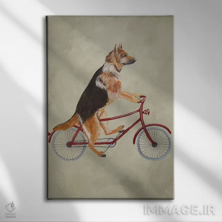 تابلو دکوراتیو سگ ژرمن شپرد روی دوچرخه اثر کوکو د پاریس - نمای روبهرو روی دیوار