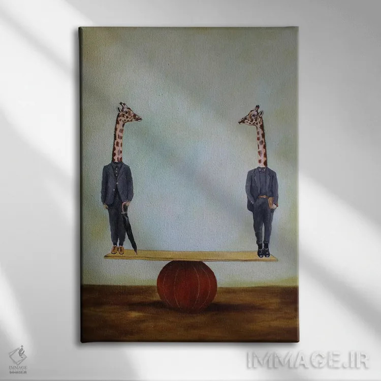 تابلو دکوراتیو زرافه ها در تعادل اثر کوکو د پاریس - نمای روبهرو روی دیوار