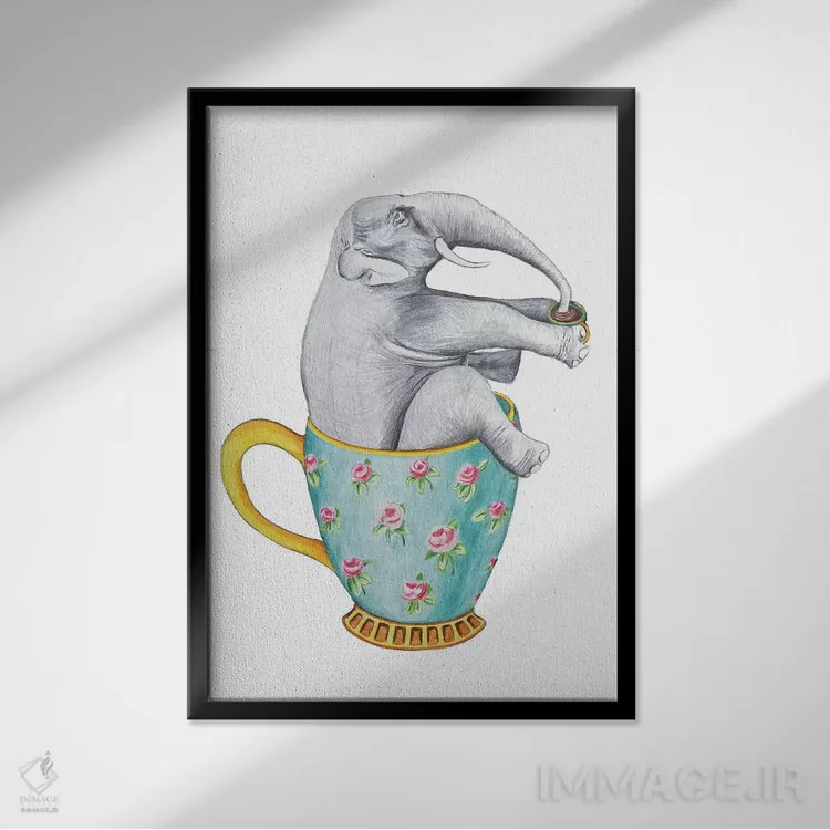 تابلو دکوراتیو فیل داخل فنجان، سفید اثر کوکو د پاریس - نمای قابدار مشکی