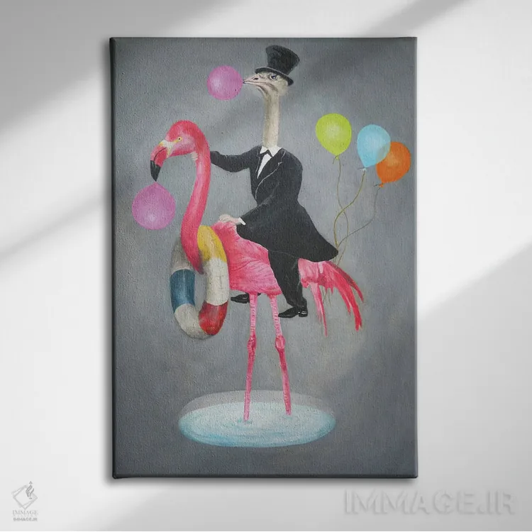 تابلو دکوراتیو فلامینگو با شترمرغ اثر کوکو د پاریس - نمای روبهرو روی دیوار