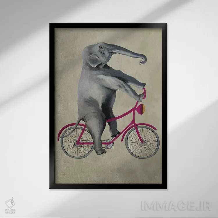 تابلو دکوراتیو فیل روی دوچرخه، بژ اثر کوکو د پاریس - نمای قابدار مشکی