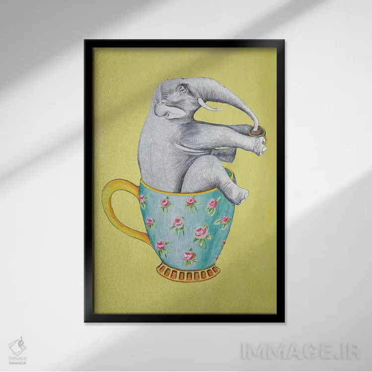 تابلو دکوراتیو فیل داخل فنجان، زرد اثر کوکو د پاریس - نمای قابدار مشکی