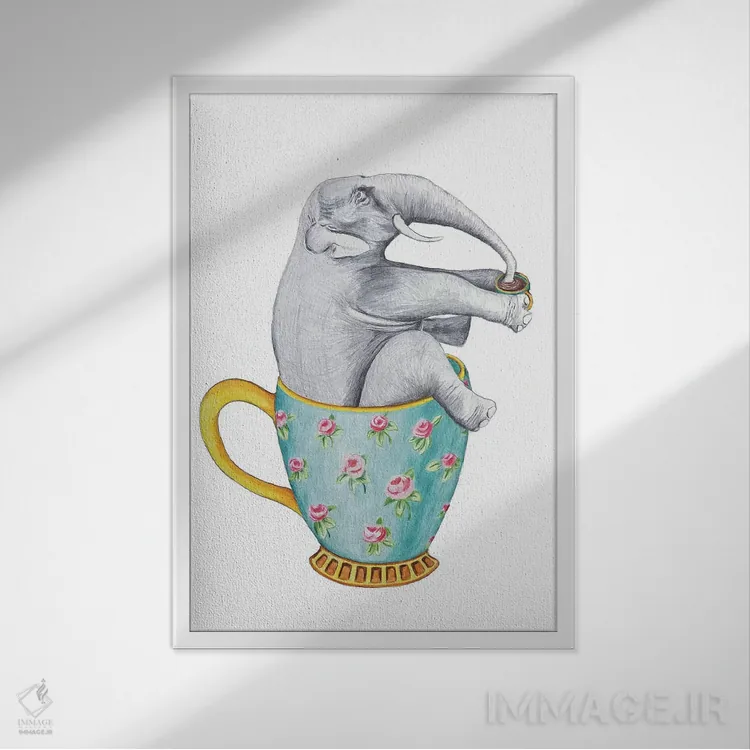 تابلو دکوراتیو فیل داخل فنجان، سفید اثر کوکو د پاریس - نمای قابدار سفید