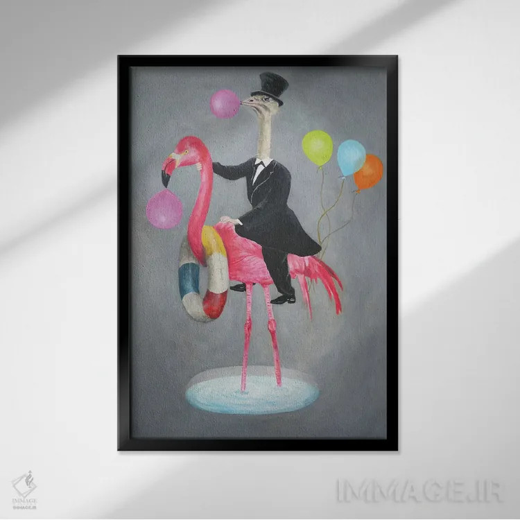 تابلو دکوراتیو فلامینگو با شترمرغ اثر کوکو د پاریس - نمای قابدار مشکی