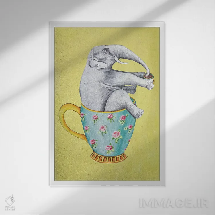 تابلو دکوراتیو فیل داخل فنجان، زرد اثر کوکو د پاریس - نمای قابدار سفید