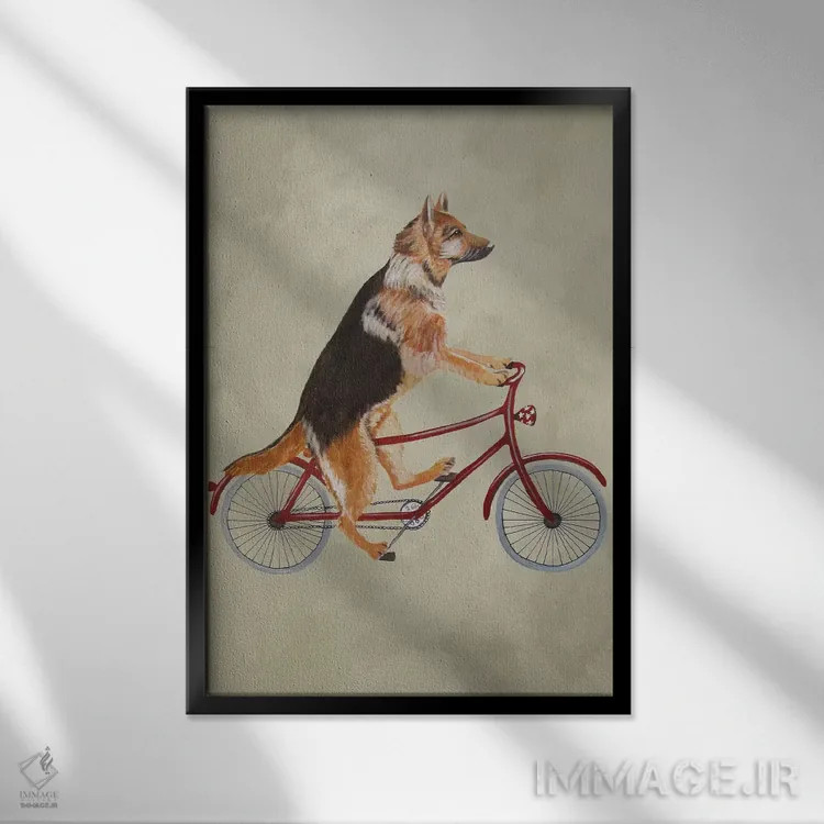 تابلو دکوراتیو سگ ژرمن شپرد روی دوچرخه اثر کوکو د پاریس - نمای قابدار مشکی
