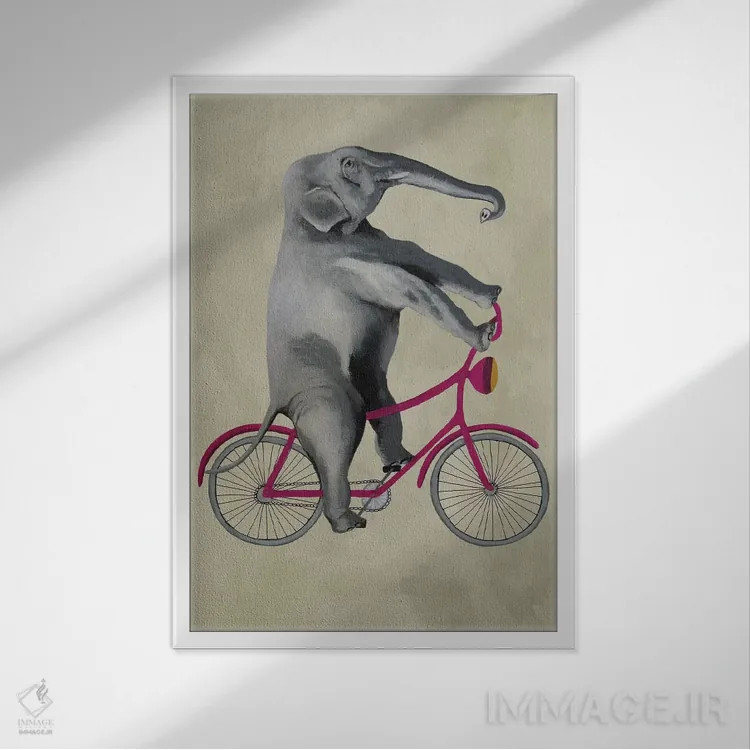 تابلو دکوراتیو فیل روی دوچرخه، بژ اثر کوکو د پاریس - نمای قابدار سفید
