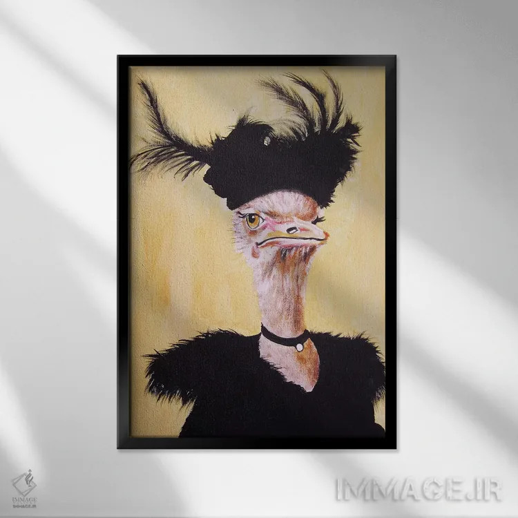 تابلو دکوراتیو شترمرغ جت ست اثر کوکو د پاریس - نمای قابدار مشکی