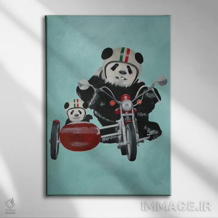 تابلو دکوراتیو پانداها روی موتورسیکلت اثر کوکو د پاریس - نمای روبهرو روی دیوار