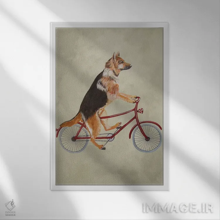 تابلو دکوراتیو سگ ژرمن شپرد روی دوچرخه اثر کوکو د پاریس - نمای قابدار سفید