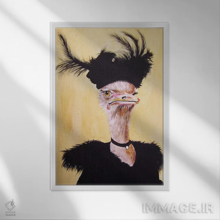 تابلو دکوراتیو شترمرغ جت ست اثر کوکو د پاریس - نمای قابدار سفید