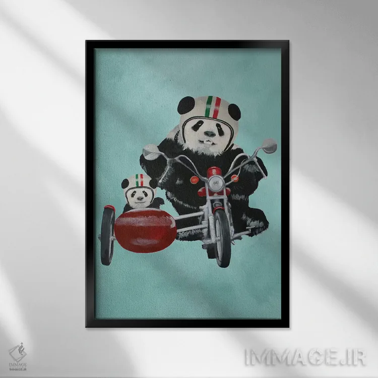 تابلو دکوراتیو پانداها روی موتورسیکلت اثر کوکو د پاریس - نمای قابدار مشکی