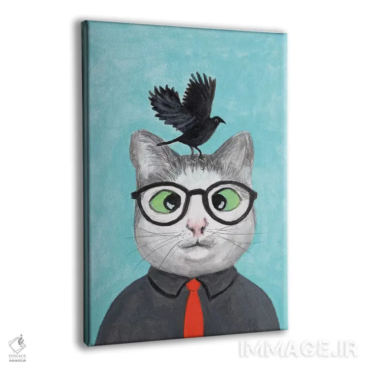 تابلو دکوراتیو گربه با کلاغ اثر کوکو د پاریس - نمای پرسپکتیو محصول