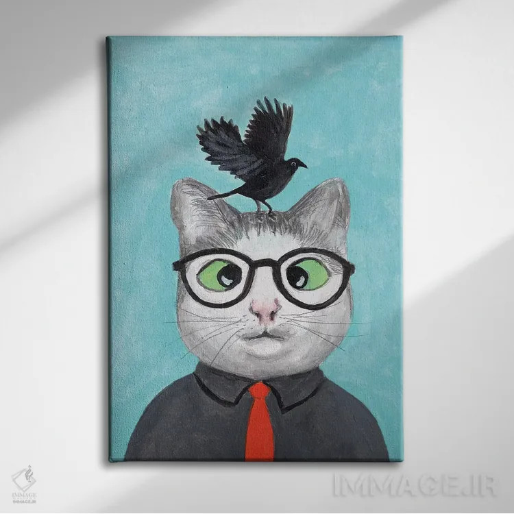 تابلو دکوراتیو گربه با کلاغ اثر کوکو د پاریس - نمای روبهرو روی دیوار