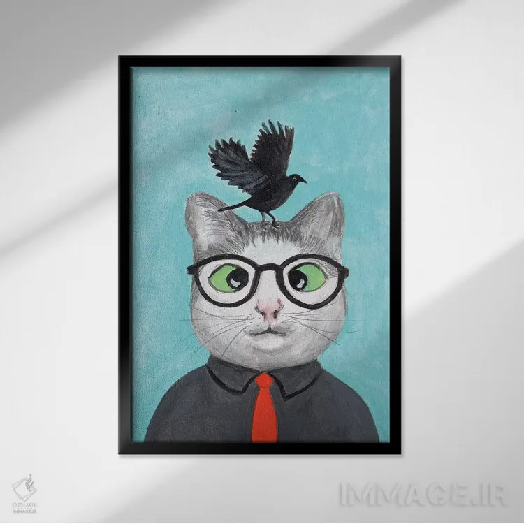 تابلو دکوراتیو گربه با کلاغ اثر کوکو د پاریس - نمای قابدار مشکی