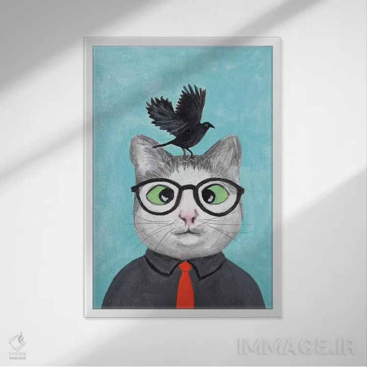 تابلو دکوراتیو گربه با کلاغ اثر کوکو د پاریس - نمای قابدار سفید