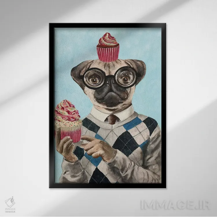 تابلو دکوراتیو پاگ با کیک های کوچک اثر کوکو د پاریس - نمای قابدار مشکی