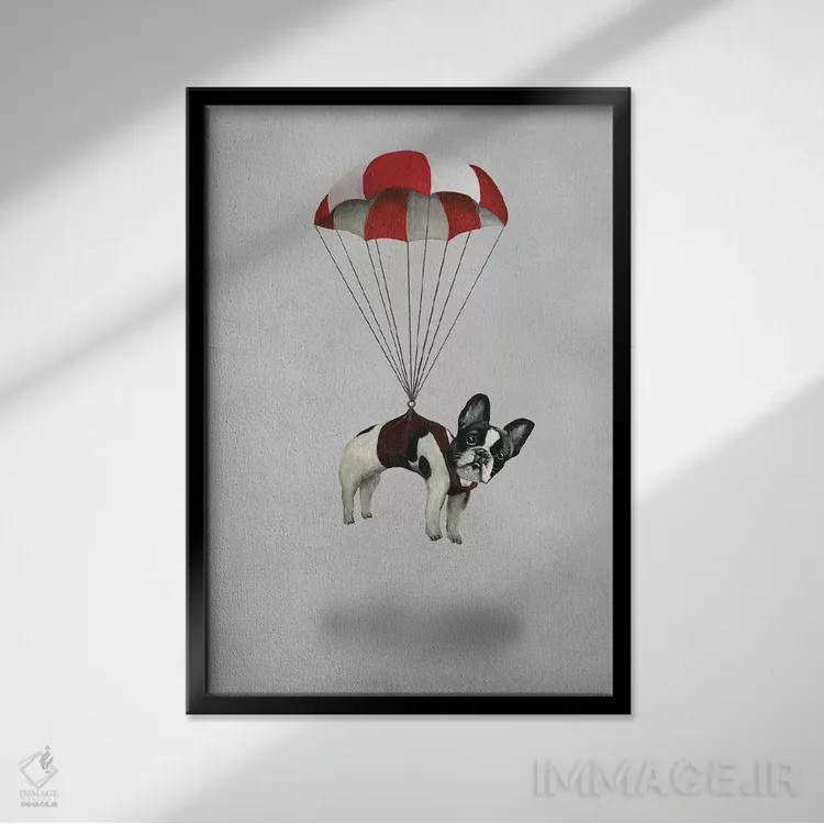 تابلو دکوراتیو بولداگ با چتر نجات اثر کوکو د پاریس - نمای قابدار مشکی