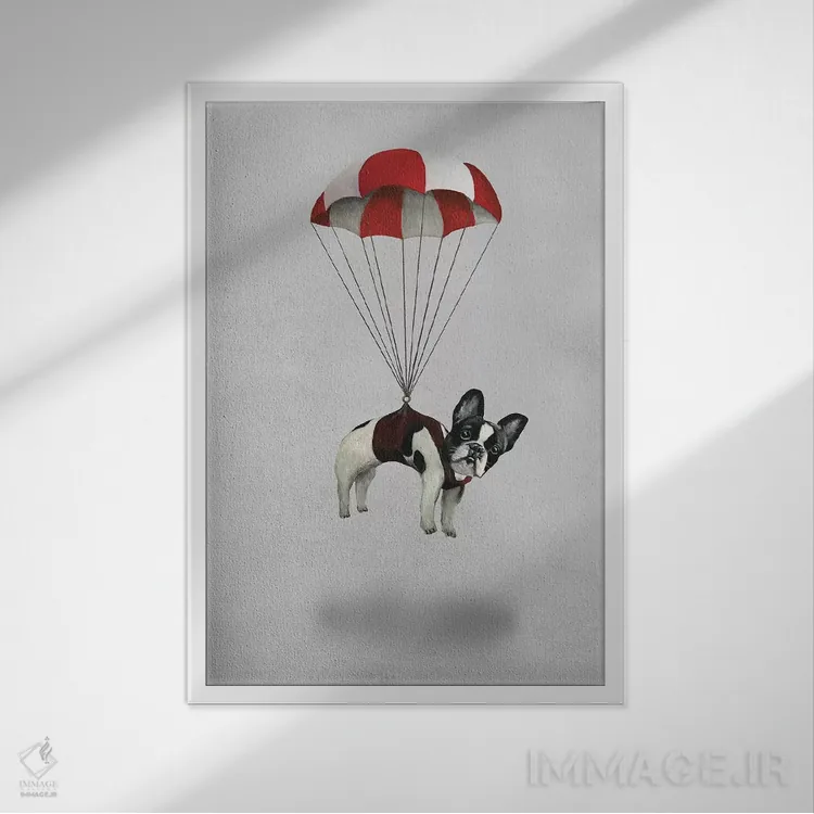 تابلو دکوراتیو بولداگ با چتر نجات اثر کوکو د پاریس - نمای قابدار سفید