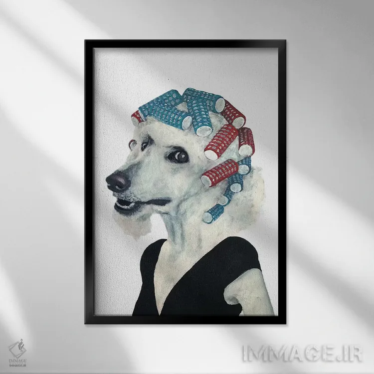 تابلو دکوراتیو پودل با بیگودی مو اثر کوکو د پاریس - نمای قابدار مشکی