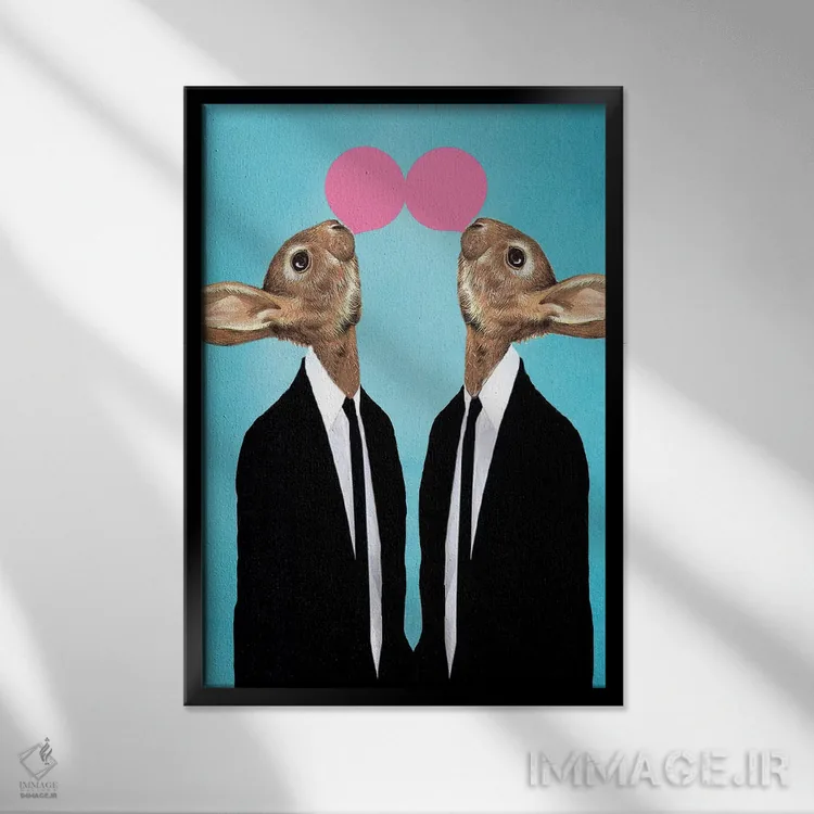 تابلو دکوراتیو خرگوش ها با آدامس بادکنکی اثر کوکو د پاریس - نمای قابدار مشکی