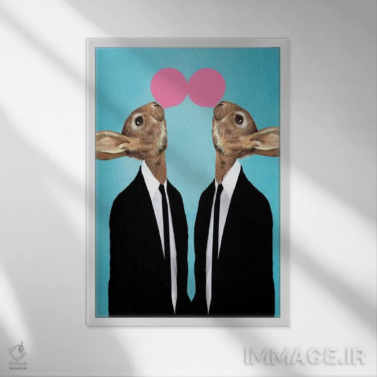 تابلو دکوراتیو خرگوش ها با آدامس بادکنکی اثر کوکو د پاریس - نمای قابدار سفید