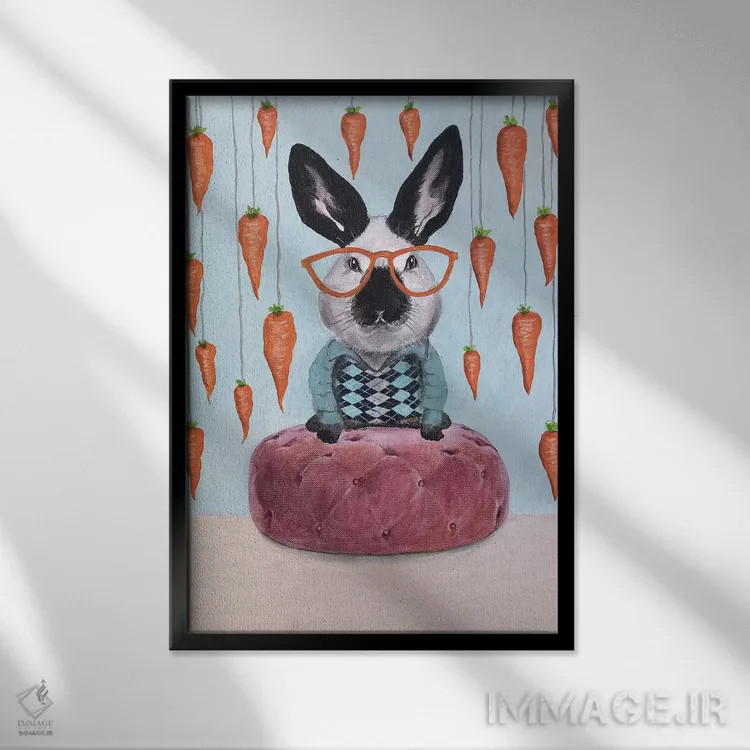 تابلو دکوراتیو خرگوش با هویج ها اثر کوکو د پاریس - نمای قابدار مشکی