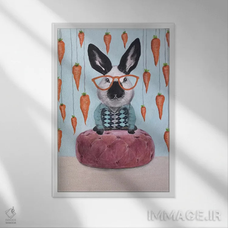 تابلو دکوراتیو خرگوش با هویج ها اثر کوکو د پاریس - نمای قابدار سفید