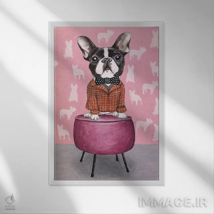 تابلو دکوراتیو بولداگ روی پوف اثر کوکو د پاریس - نمای قابدار سفید