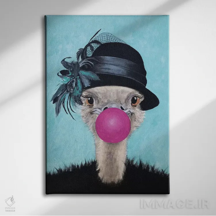 تابلو دکوراتیو شترمرغ با آدامس بادکنکی اثر کوکو د پاریس - نمای روبهرو روی دیوار