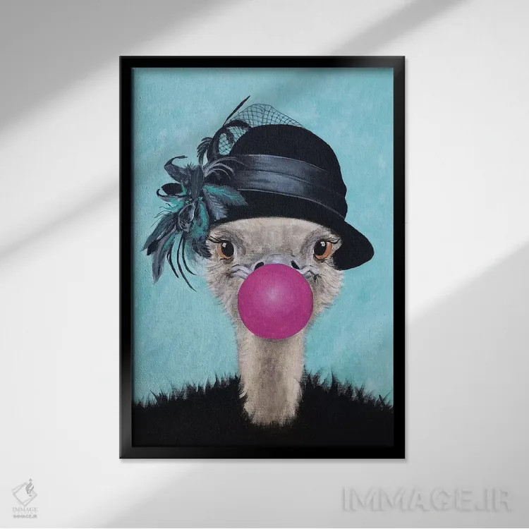 تابلو دکوراتیو شترمرغ با آدامس بادکنکی اثر کوکو د پاریس - نمای قابدار مشکی