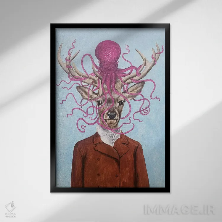 تابلو دکوراتیو گوزن با هشت پا اثر کوکو د پاریس - نمای قابدار مشکی