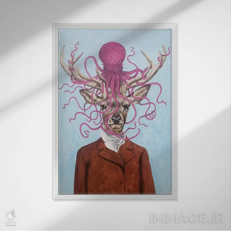 تابلو دکوراتیو گوزن با هشت پا اثر کوکو د پاریس - نمای قابدار سفید