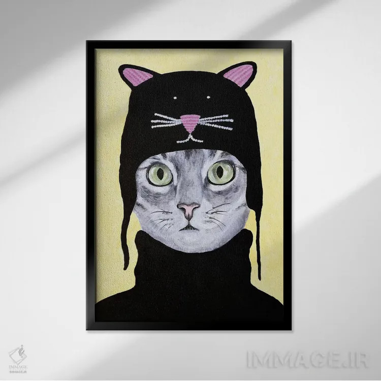 تابلو دکوراتیو گربه با کلاه گربه ای اثر کوکو د پاریس - نمای قابدار مشکی