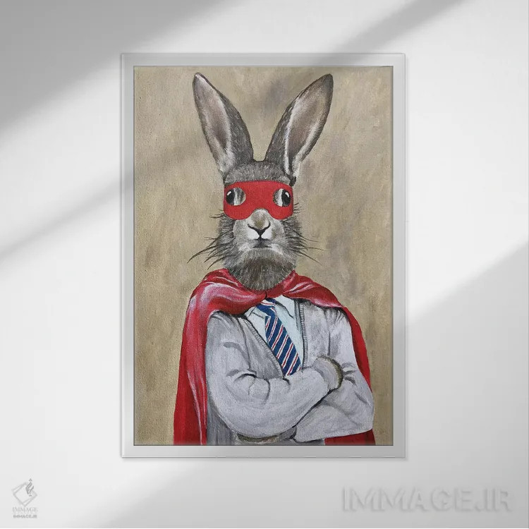 تابلو دکوراتیو خرگوش سوپرمن اثر کوکو د پاریس - نمای قابدار سفید