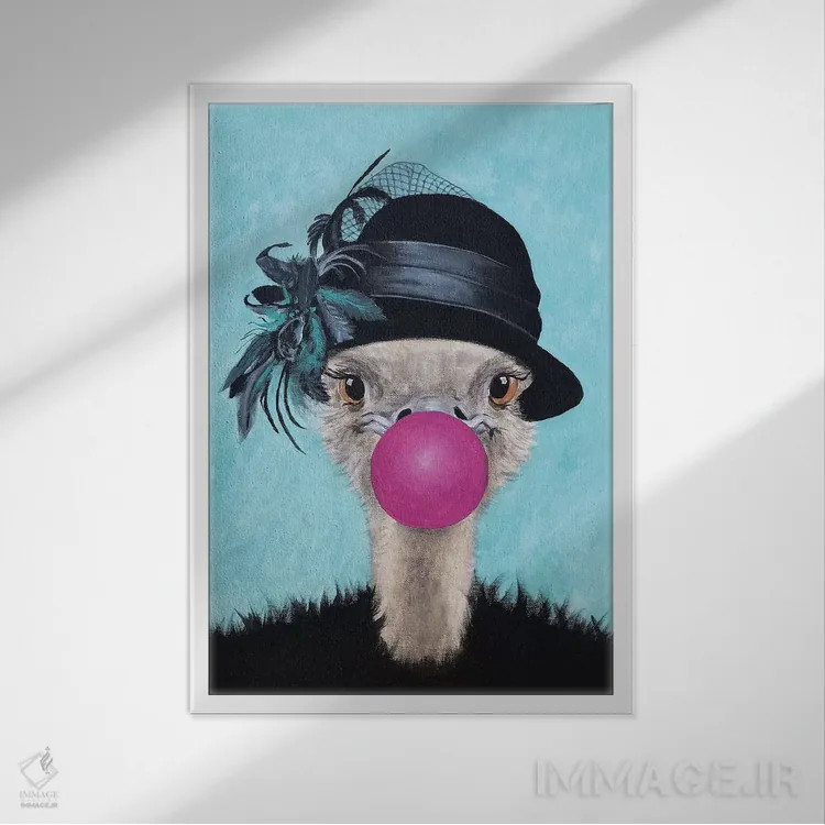 تابلو دکوراتیو شترمرغ با آدامس بادکنکی اثر کوکو د پاریس - نمای قابدار سفید