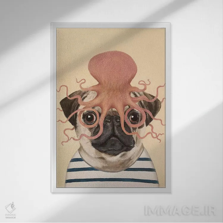 تابلو دکوراتیو پاگ با هشت پا اثر کوکو د پاریس - نمای قابدار سفید