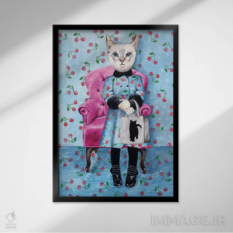 تابلو دکوراتیو گربه با کیف گربه ای اثر کوکو د پاریس - نمای قابدار مشکی