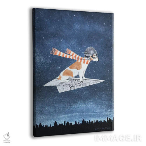 تابلو دکوراتیو جک راسل روی هواپیمای کاغذی اثر کوکو د پاریس - نمای پرسپکتیو محصول