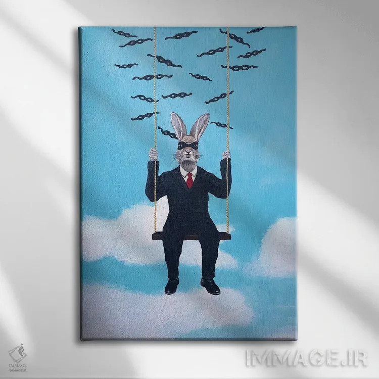 تابلو دکوراتیو خرگوش نقابدار روی تاب اثر کوکو د پاریس - نمای روبهرو روی دیوار