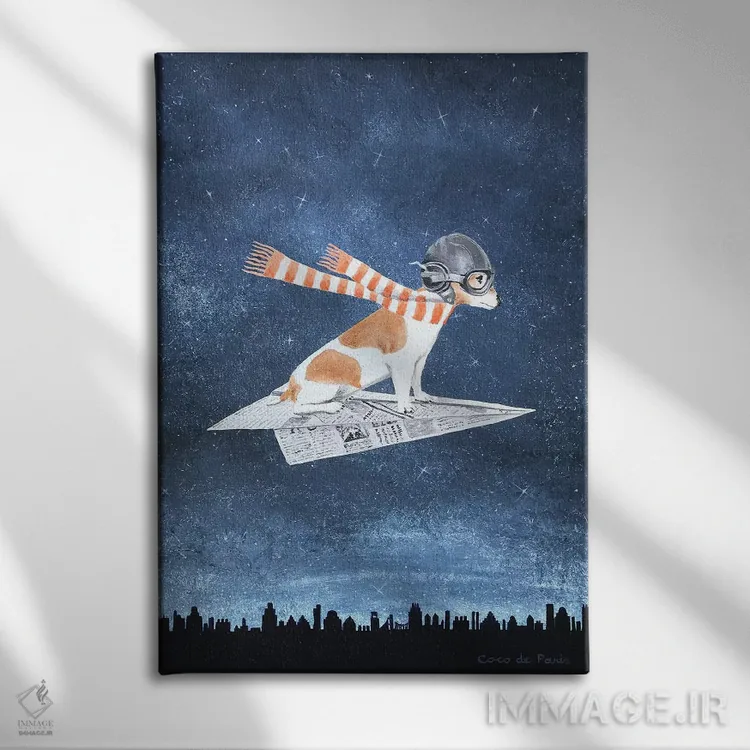 تابلو دکوراتیو جک راسل روی هواپیمای کاغذی اثر کوکو د پاریس - نمای روبهرو روی دیوار