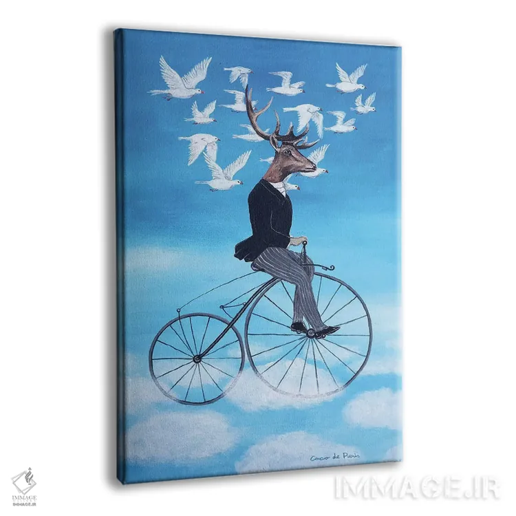 تابلو دکوراتیو گوزن رویاپرداز در حال دوچرخه سواری اثر کوکو د پاریس - نمای پرسپکتیو محصول