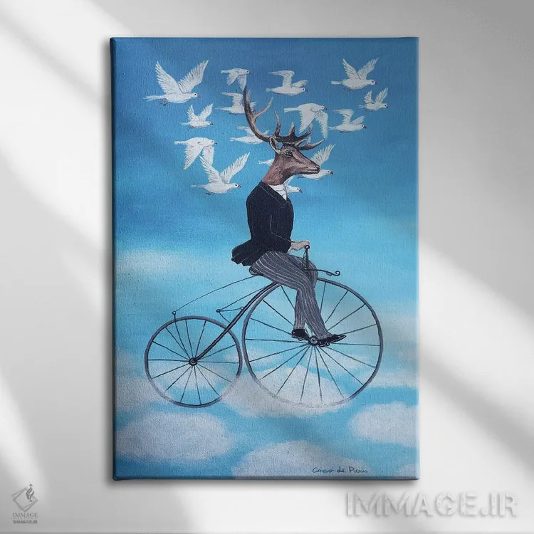 تابلو دکوراتیو گوزن رویاپرداز در حال دوچرخه سواری اثر کوکو د پاریس - نمای روبهرو روی دیوار