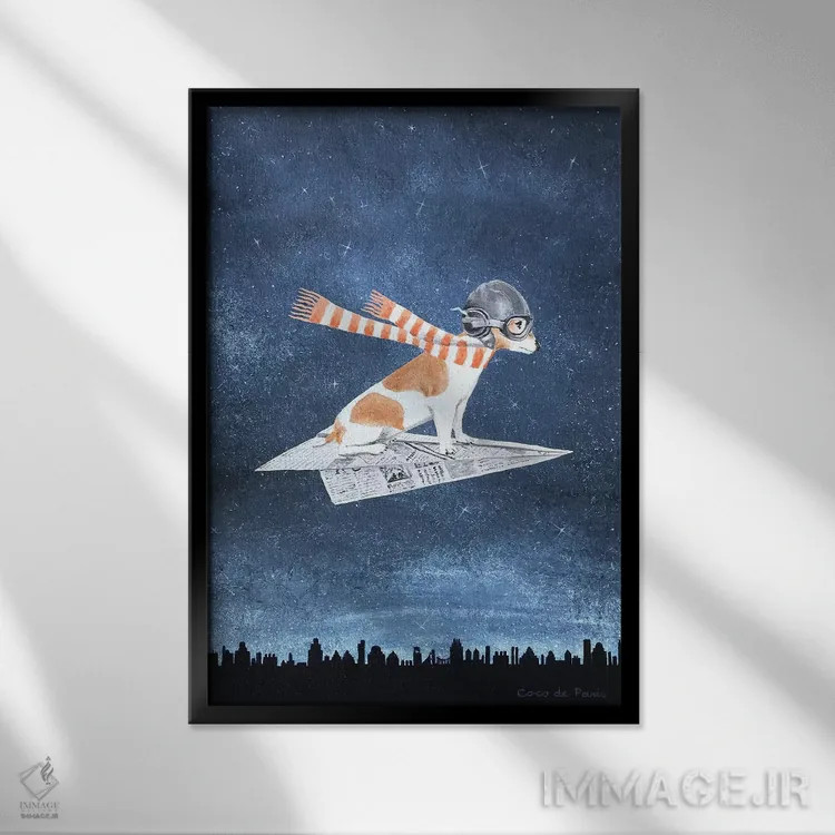 تابلو دکوراتیو جک راسل روی هواپیمای کاغذی اثر کوکو د پاریس - نمای قابدار مشکی