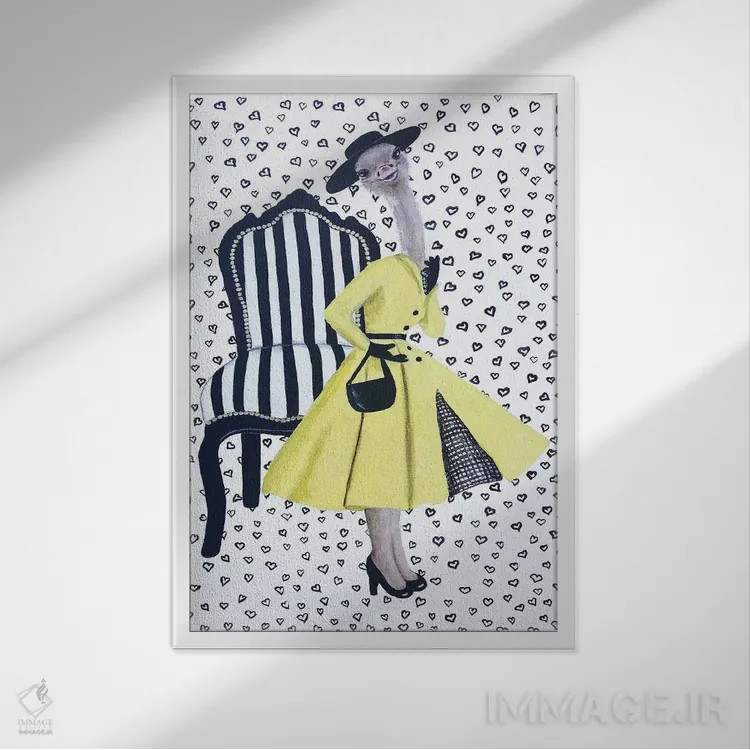 تابلو دکوراتیو شترمرغ مد روز اثر کوکو د پاریس - نمای قابدار سفید