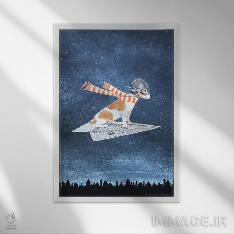 تابلو دکوراتیو جک راسل روی هواپیمای کاغذی اثر کوکو د پاریس - نمای قابدار سفید