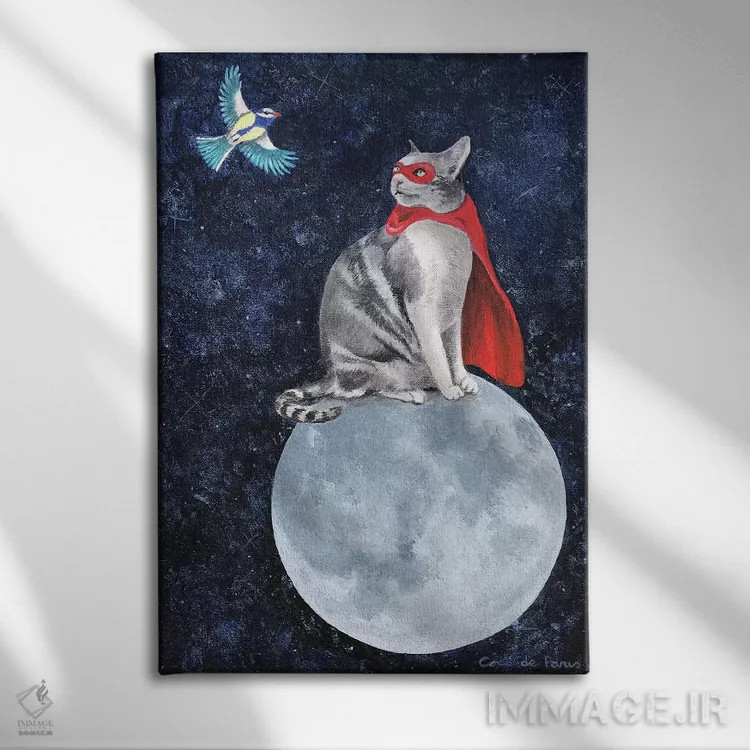 تابلو دکوراتیو گربه با پرنده اثر کوکو د پاریس - نمای روبهرو روی دیوار