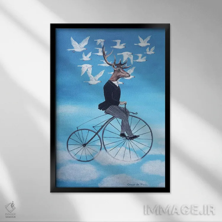 تابلو دکوراتیو گوزن رویاپرداز در حال دوچرخه سواری اثر کوکو د پاریس - نمای قابدار مشکی
