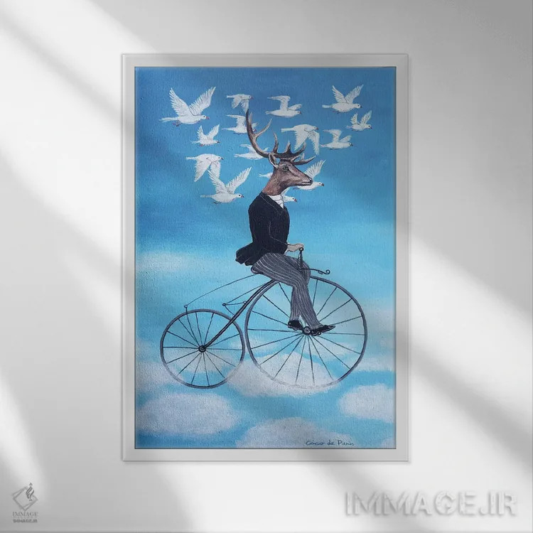تابلو دکوراتیو گوزن رویاپرداز در حال دوچرخه سواری اثر کوکو د پاریس - نمای قابدار سفید